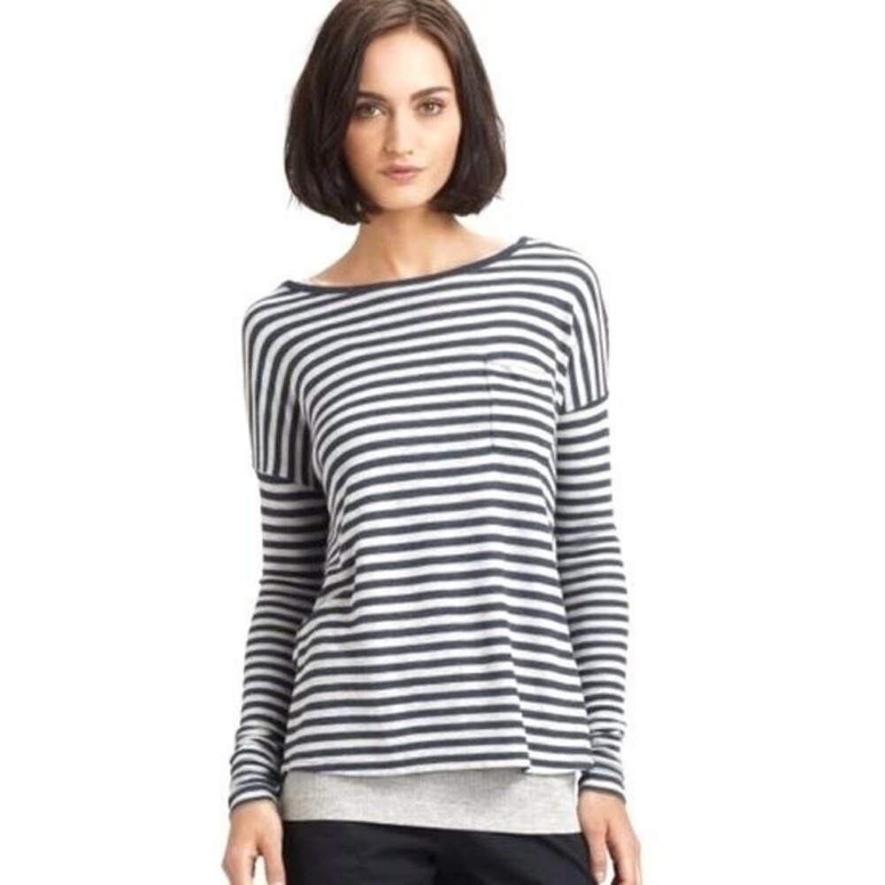 Vince Striped Drop-Sleeve Pocket Tee XS